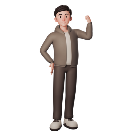 Young Man In Brown Dressed Shows Strength And Winner Gesture With Right Hand  3D Illustration