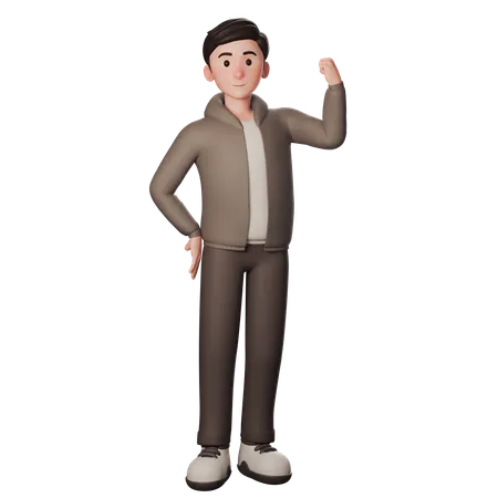 Young Man In Brown Dressed Shows Strength And Winner Gesture With Right Hand  3D Illustration