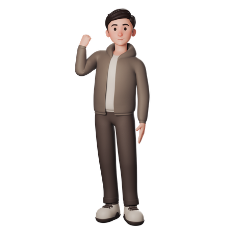 Young Man In Brown Dressed Shows Strength Winner Gesture With Left Hand  3D Illustration