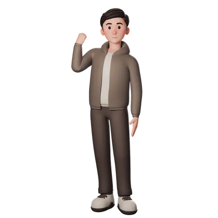 Young Man In Brown Dressed Shows Strength Winner Gesture With Left Hand  3D Illustration