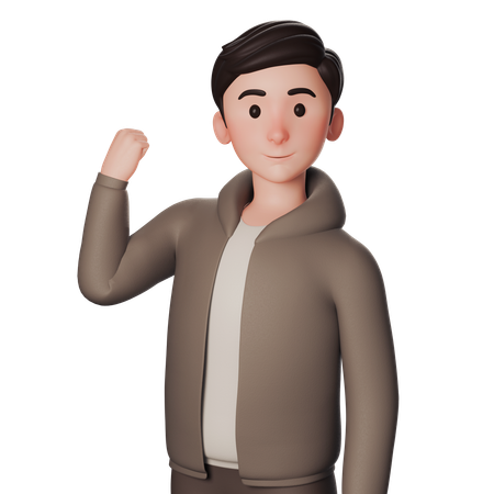 Young Man In Brown Dressed Shows Strength Winner Gesture With Left Hand  3D Illustration