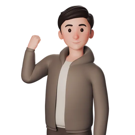 Young Man In Brown Dressed Shows Strength Winner Gesture With Left Hand  3D Illustration