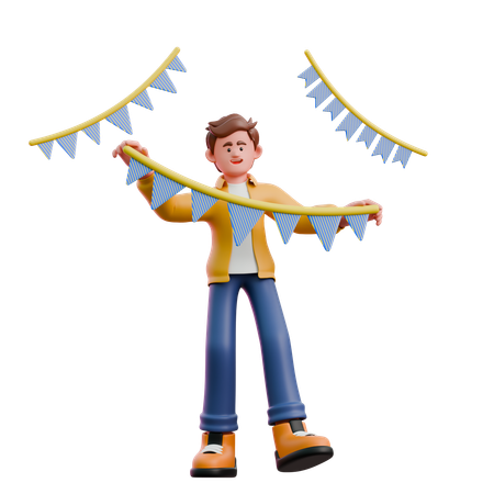 Young Man Installing Garland  3D Illustration