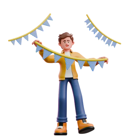 Young Man Installing Garland  3D Illustration
