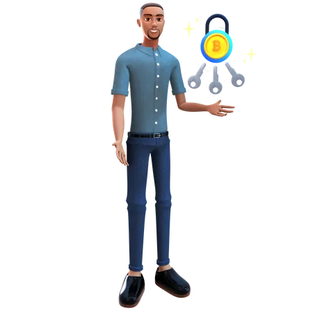 Young man invest secure bitcoin  3D Illustration
