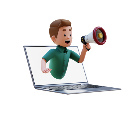 Young Man Jumping Out From Laptop Screen And Holding Megaphone  3D Illustration