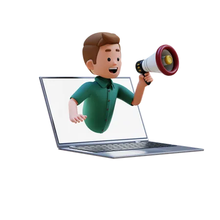 Young Man Jumping Out From Laptop Screen And Holding Megaphone  3D Illustration