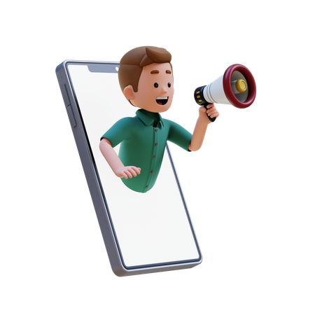 Young Man Jumping Out From Smartphone Screen And Holding Megaphone  3D Illustration