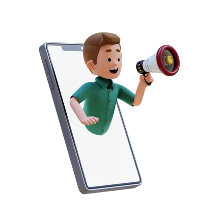 Young Man Jumping Out From Smartphone Screen And Holding Megaphone  3D Illustration