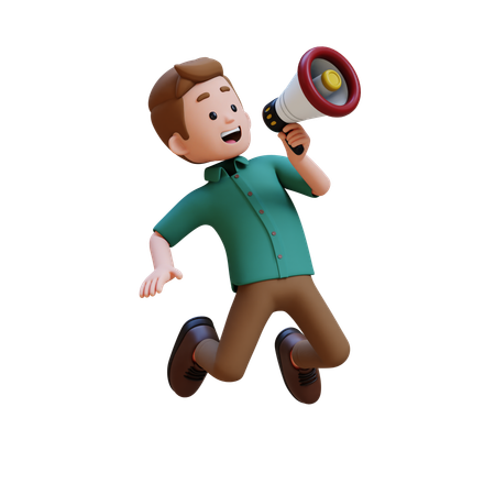 Young Man Jumping With Megaphone While Doing Marketing  3D Illustration