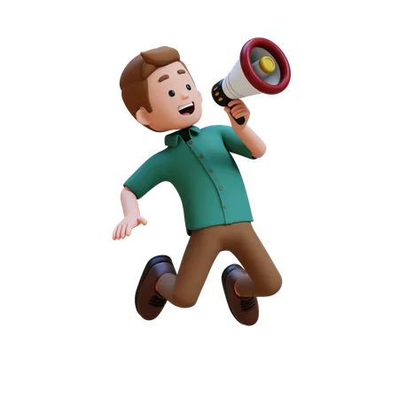 Young Man Jumping With Megaphone While Doing Marketing  3D Illustration