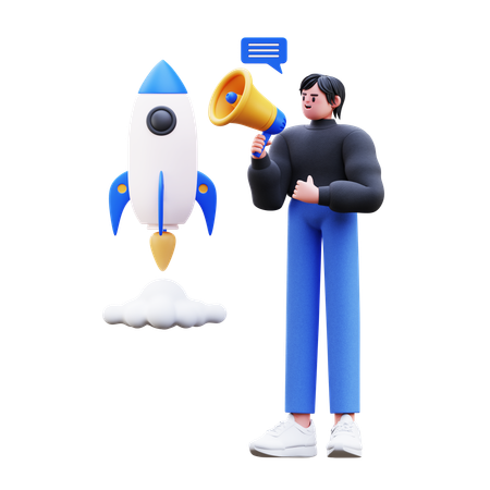 Young Man Launching Rocket  3D Illustration