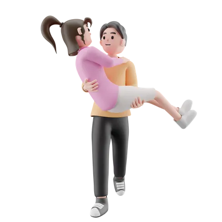 Young Man Lifting Girl  3D Illustration