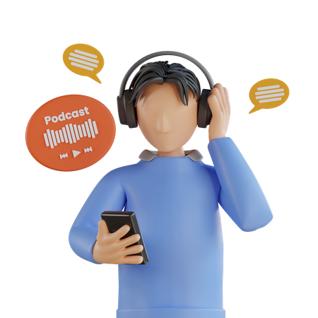 Young man listening audio podcast using headphone  3D Icon