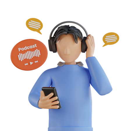 Young man listening audio podcast using headphone  3D Illustration