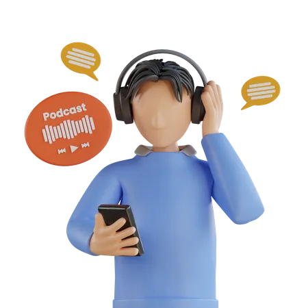 Young man listening audio podcast using headphone  3D Illustration