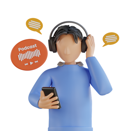 Young man listening audio podcast using headphone 3D Illustration