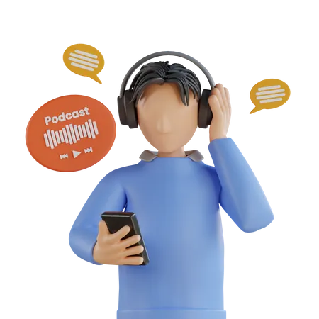 Young man listening audio podcast using headphone 3D Illustration