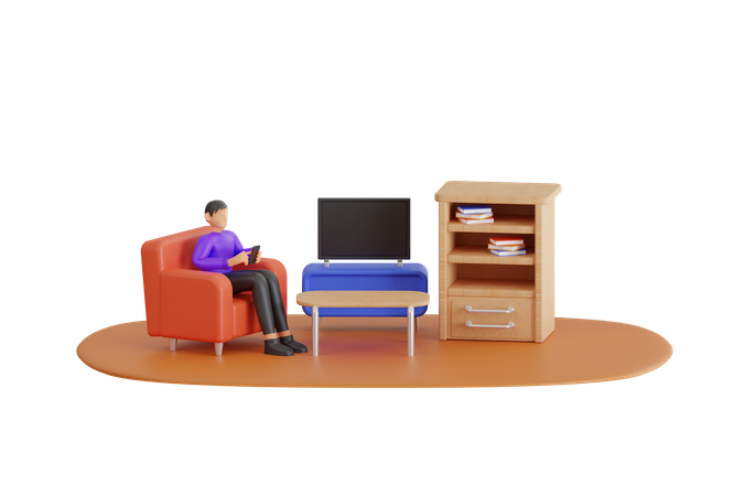 Young Man Looking At Cell Phone In Living Room At Home  3D Illustration
