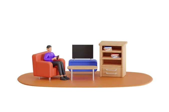 Young Man Looking At Cell Phone In Living Room At Home Young Man Holding Smartphone Texting Message Or Play Mobile Game Sit On Sofa At Home 3 D Illustration 3D Illustration