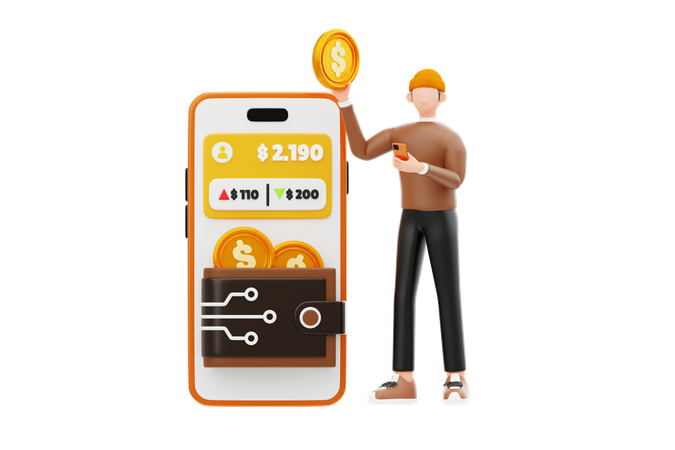 Young Man Looking Digital Wallet  3D Illustration