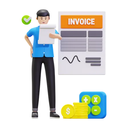 Young Man Looking Invoice Bill  3D Illustration