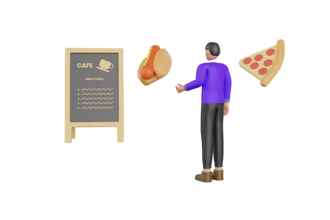 Young Man Looking Menu Options At Cafe  3D Illustration