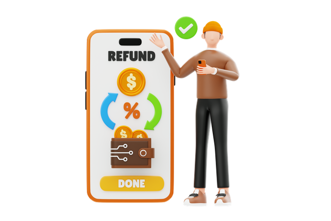 Young Man Looking Refund Process  3D Illustration