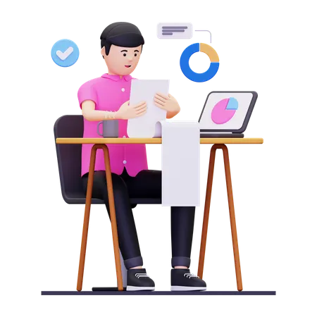 Young Man Making Business Report  3D Illustration