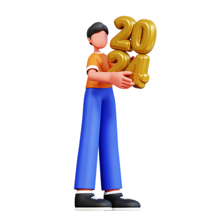 Young Man New Year Number Balloon  3D Illustration