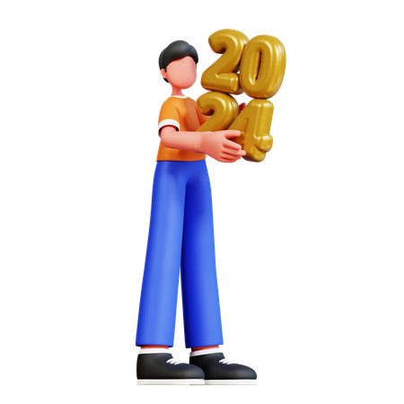 Young Man New Year Number Balloon  3D Illustration