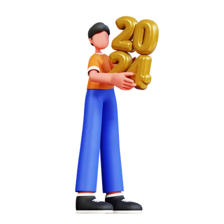 Young Man New Year Number Balloon  3D Illustration