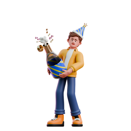Young Man Opening Party Bottle  3D Illustration