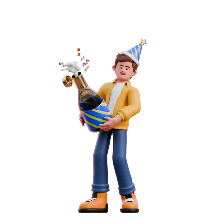 Young Man Opening Party Bottle  3D Illustration