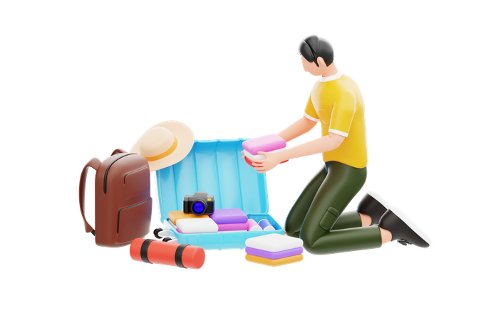 Young Man Packing Bag For Trip  3D Illustration
