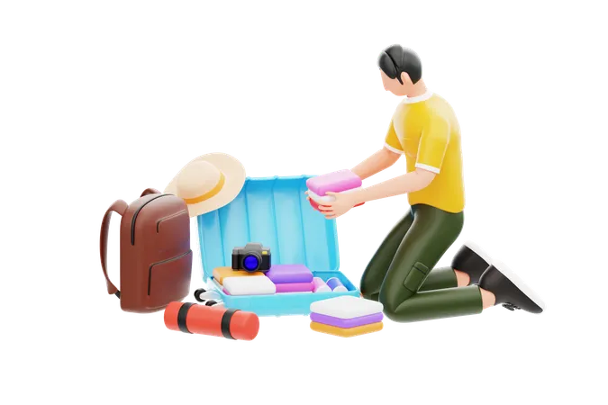 Young Man Packing Bag For Trip  3D Illustration