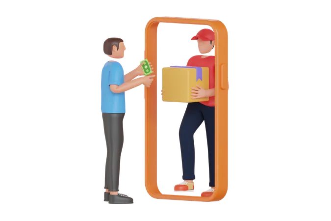 3 D Illustration Of Man Paying Cash For Order Delivery Cash On Delivery For Purchase Man Giving Money For Hir Order To Courier Man 3D Illustration