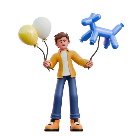 Young Man Playing Balloons  3D Illustration