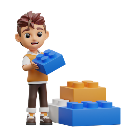 Young Man Playing Lego  3D Illustration