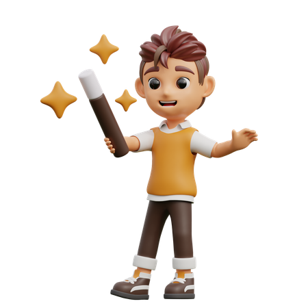 Young Man Playing Magic Stick  3D Illustration