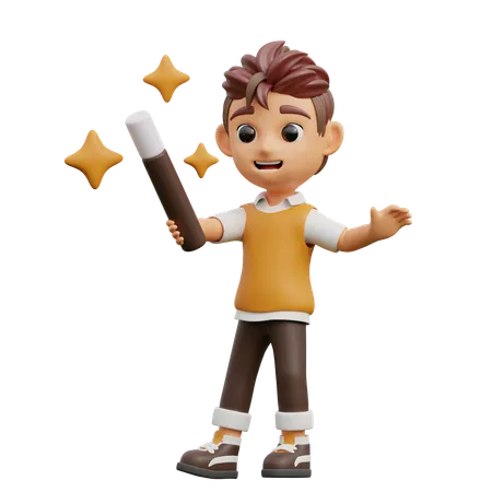 Young Man Playing Magic Stick  3D Illustration