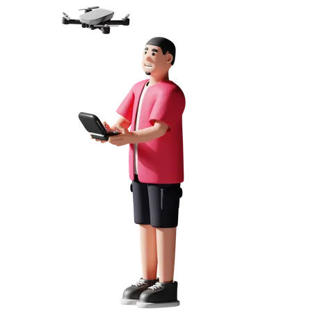 Young man playing with drone  3D Illustration