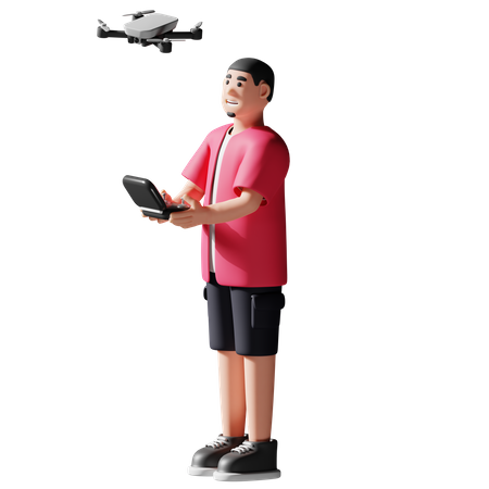 Young man playing with drone 3D Illustration
