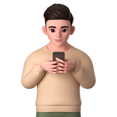 Young Man Playing With His Smartphone Seriously  3D Illustration