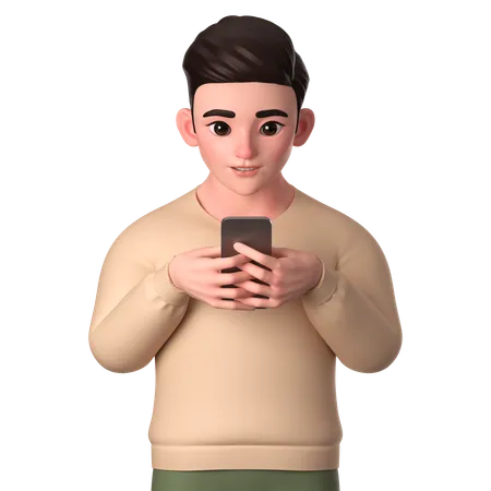 Young Man Playing With His Smartphone Seriously  3D Illustration