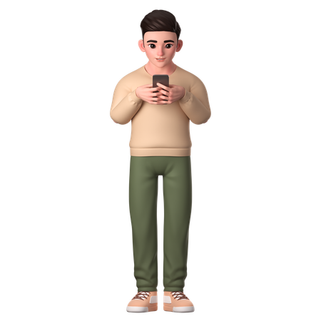 Young Man Playing With His Smartphone Seriously  3D Illustration