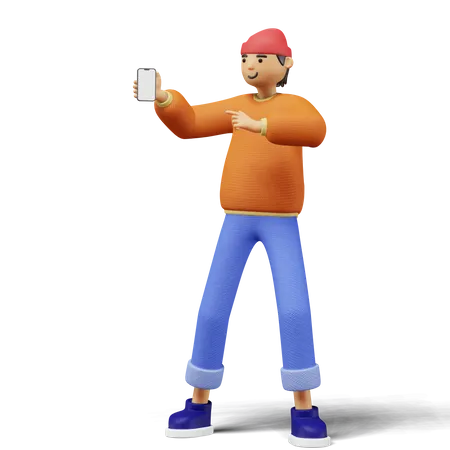 Young man pointing on phone screen 3D Illustration