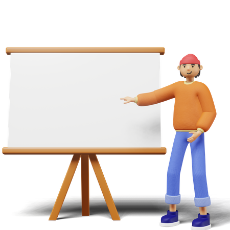 Young man pointing on whiteboard 3D Illustration