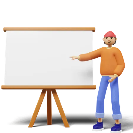 Young Man Pointing On Whiteboard Pose 3D Illustration