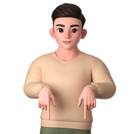 Young Man Pointing To Down Side With Both Hands  3D Illustration